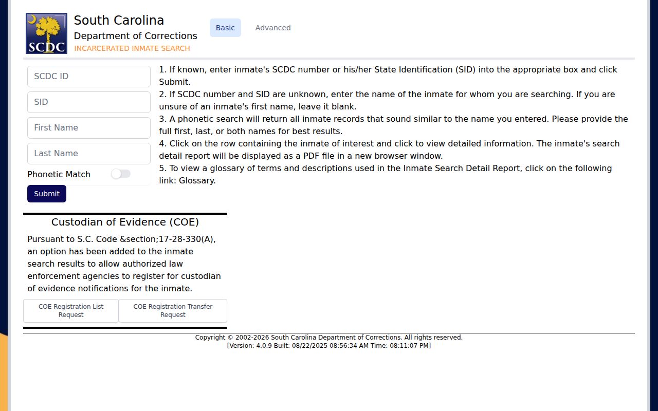 South Carolina SCDC current inmate search