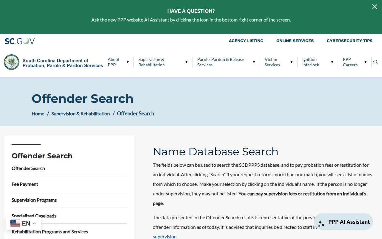 South Carolina DPPPS offender supervision search
