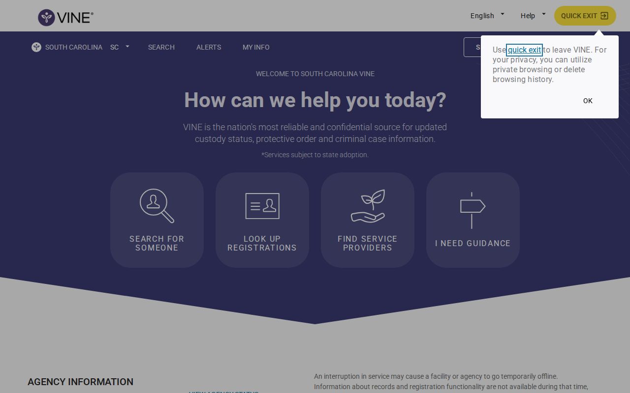 South Carolina VINELink specific-person search screen